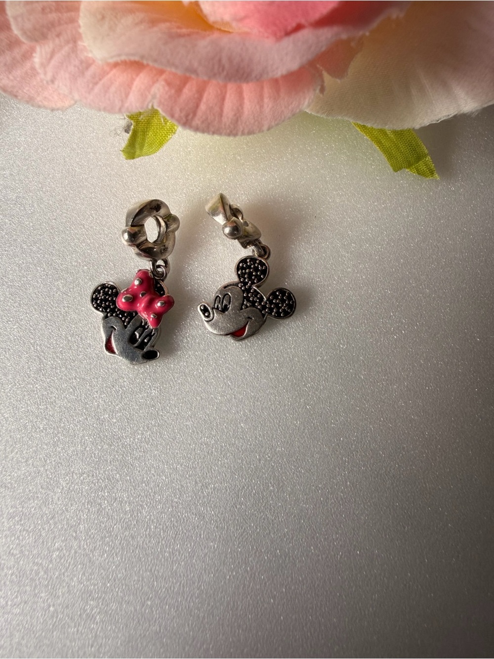 Pandora Disney Pink Bow Minnie & Silver Mickey Dangle Charms 925